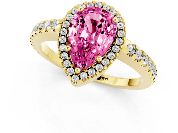 Yellow gold Pear Cut Pink Sapphire Halo Engagement Ring with Pavé Band and Prong Setting
