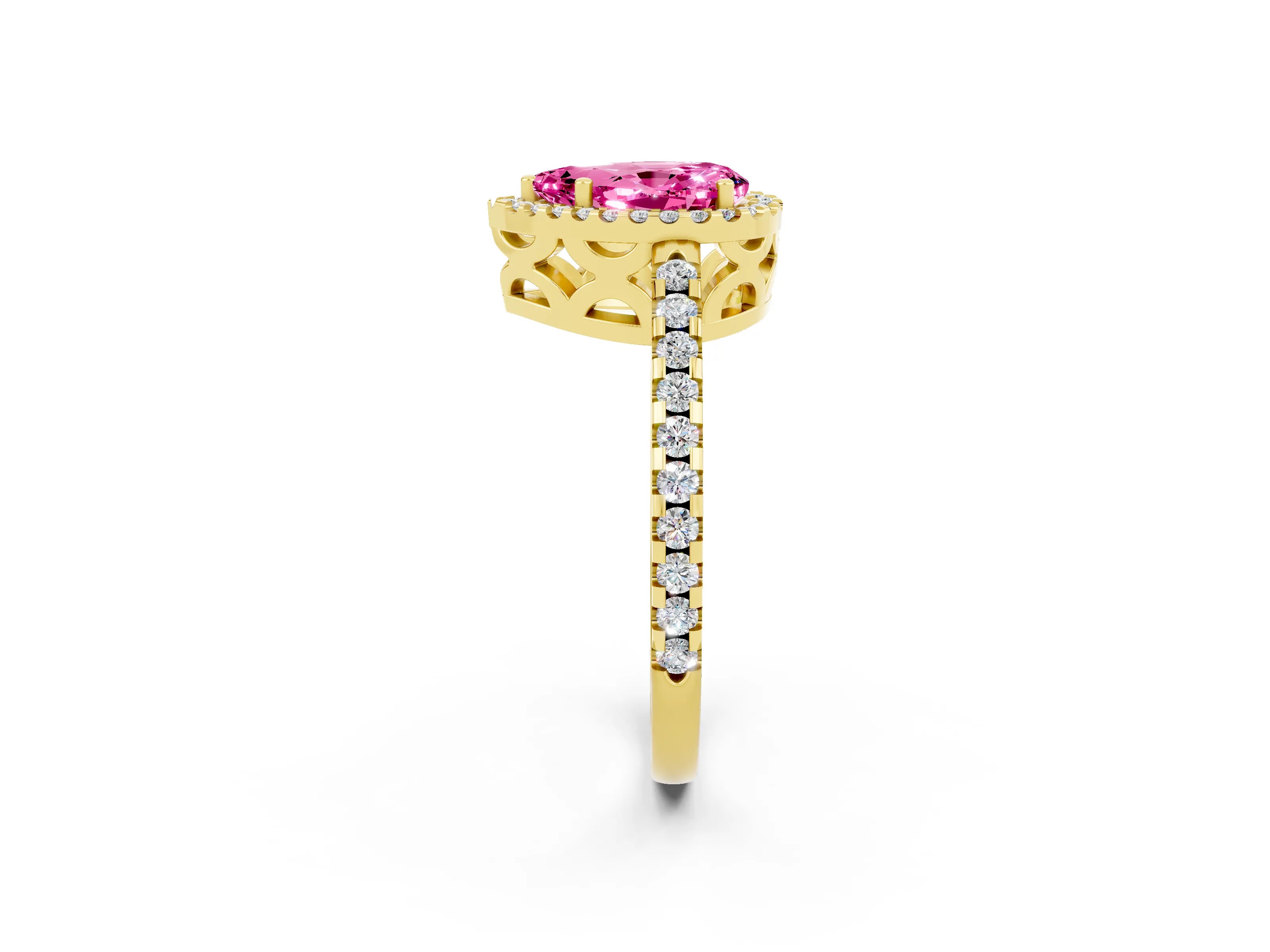 Yellow gold Pear Cut Pink Sapphire Halo Engagement Ring with Pavé Band and Prong Setting_14