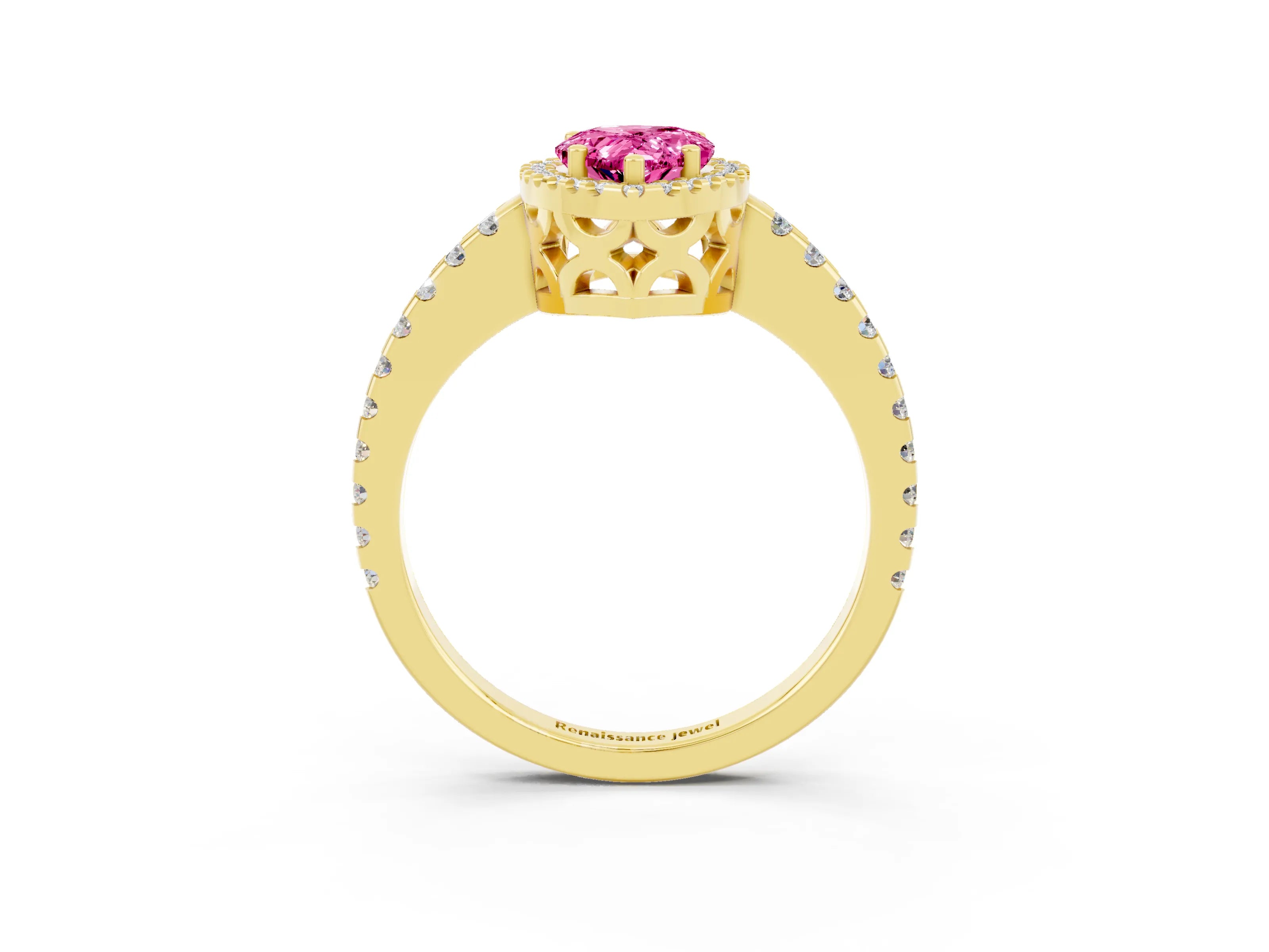 Yellow gold Pear Cut Pink Sapphire Halo Engagement Ring with Pavé Band and Prong Setting_15