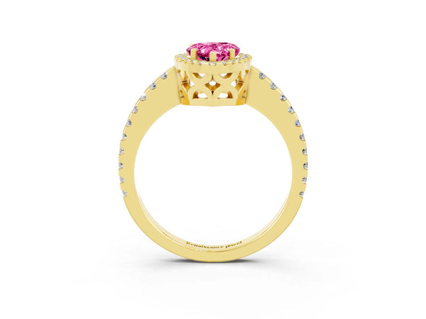 Yellow gold Pear Cut Pink Sapphire Halo Engagement Ring with Pavé Band and Prong Setting