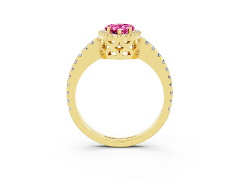 Yellow gold Pear Cut Pink Sapphire Halo Engagement Ring with Pavé Band and Prong Setting_15