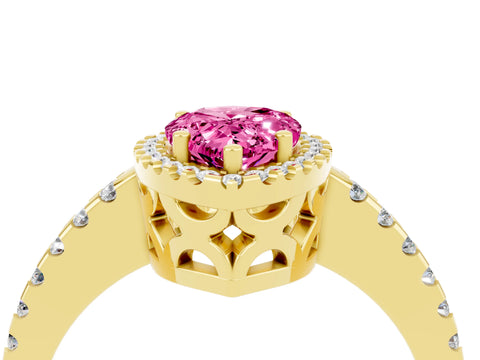 Yellow gold Pear Cut Pink Sapphire Halo Engagement Ring with Pavé Band and Prong Setting_16