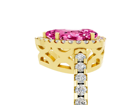 Yellow gold Pear Cut Pink Sapphire Halo Engagement Ring with Pavé Band and Prong Setting_17