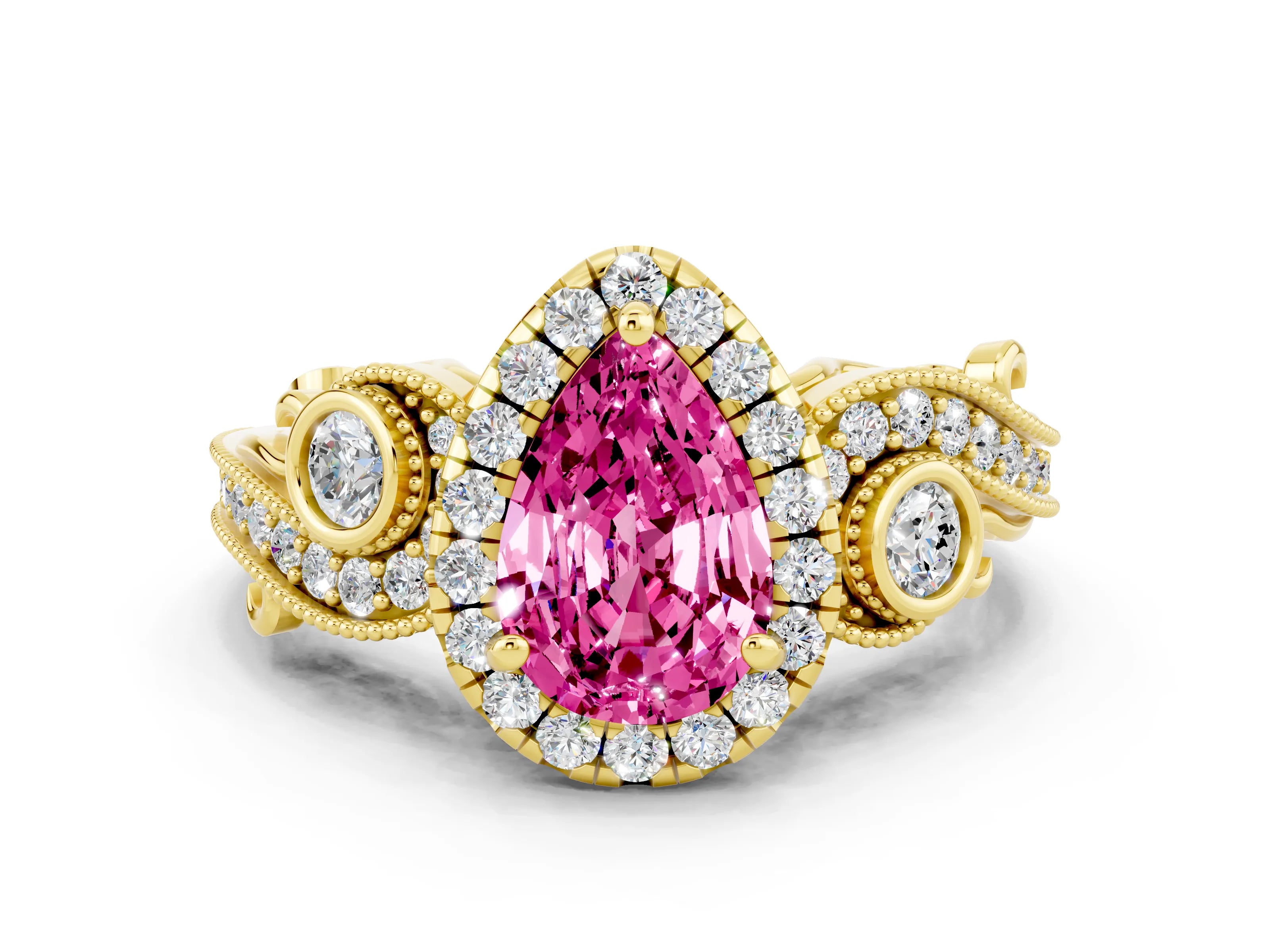 Yellow gold Pear Cut Pink Sapphire Halo Ring with Milgrain Pavé Band and Four-Prong Setting_12