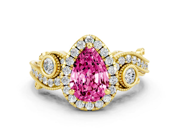 Yellow gold Pear Cut Pink Sapphire Halo Ring with Milgrain Pavé Band and Four-Prong Setting