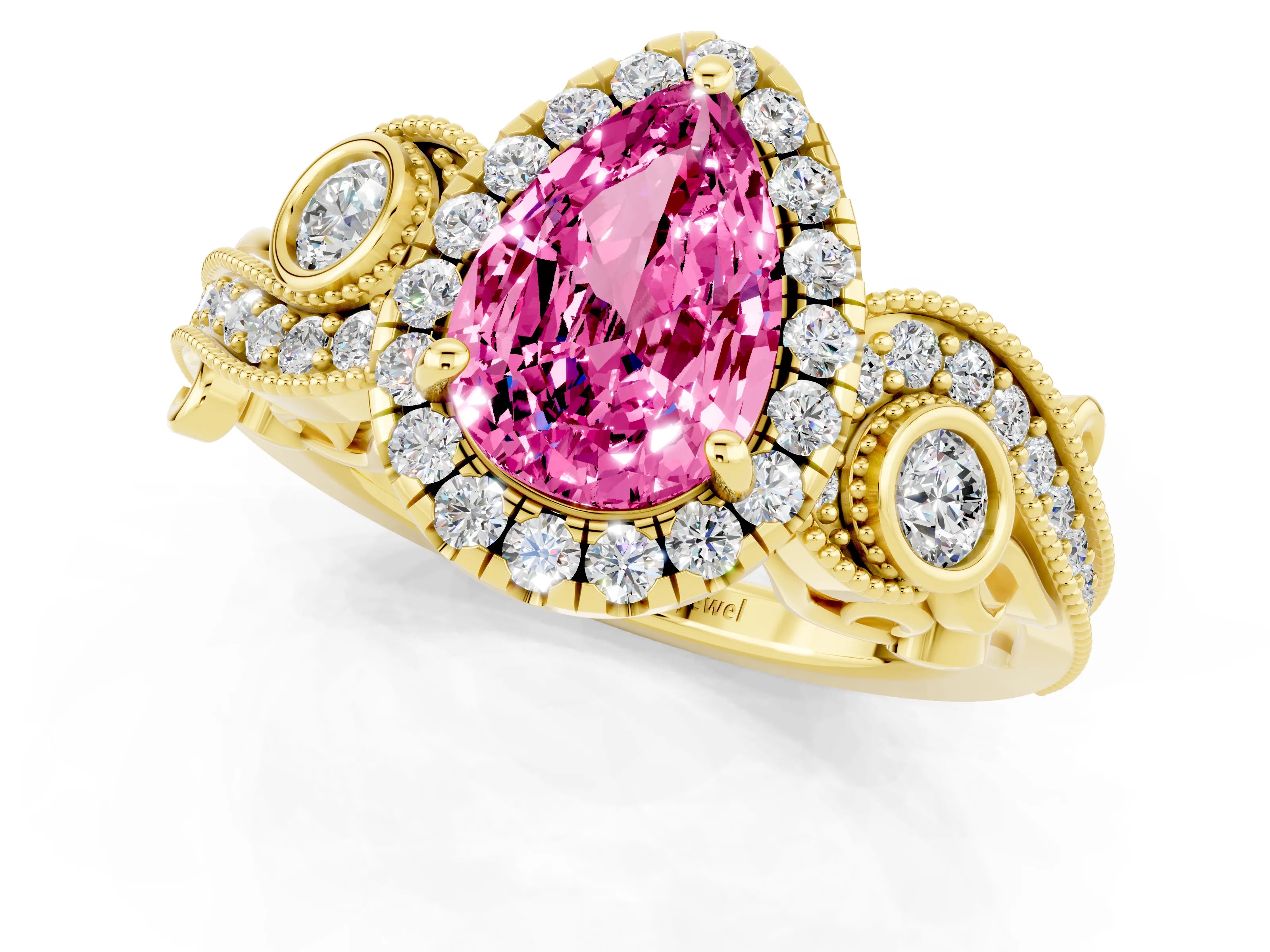 Yellow gold Pear Cut Pink Sapphire Halo Ring with Milgrain Pavé Band and Four-Prong Setting_13