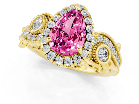 Yellow gold Pear Cut Pink Sapphire Halo Ring with Milgrain Pavé Band and Four-Prong Setting_13