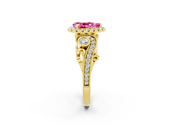 Yellow gold Pear Cut Pink Sapphire Halo Ring with Milgrain Pavé Band and Four-Prong Setting