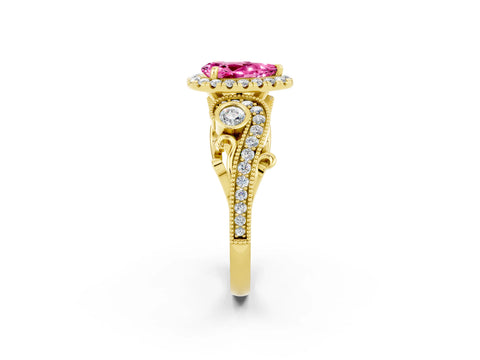 Yellow gold Pear Cut Pink Sapphire Halo Ring with Milgrain Pavé Band and Four-Prong Setting_14
