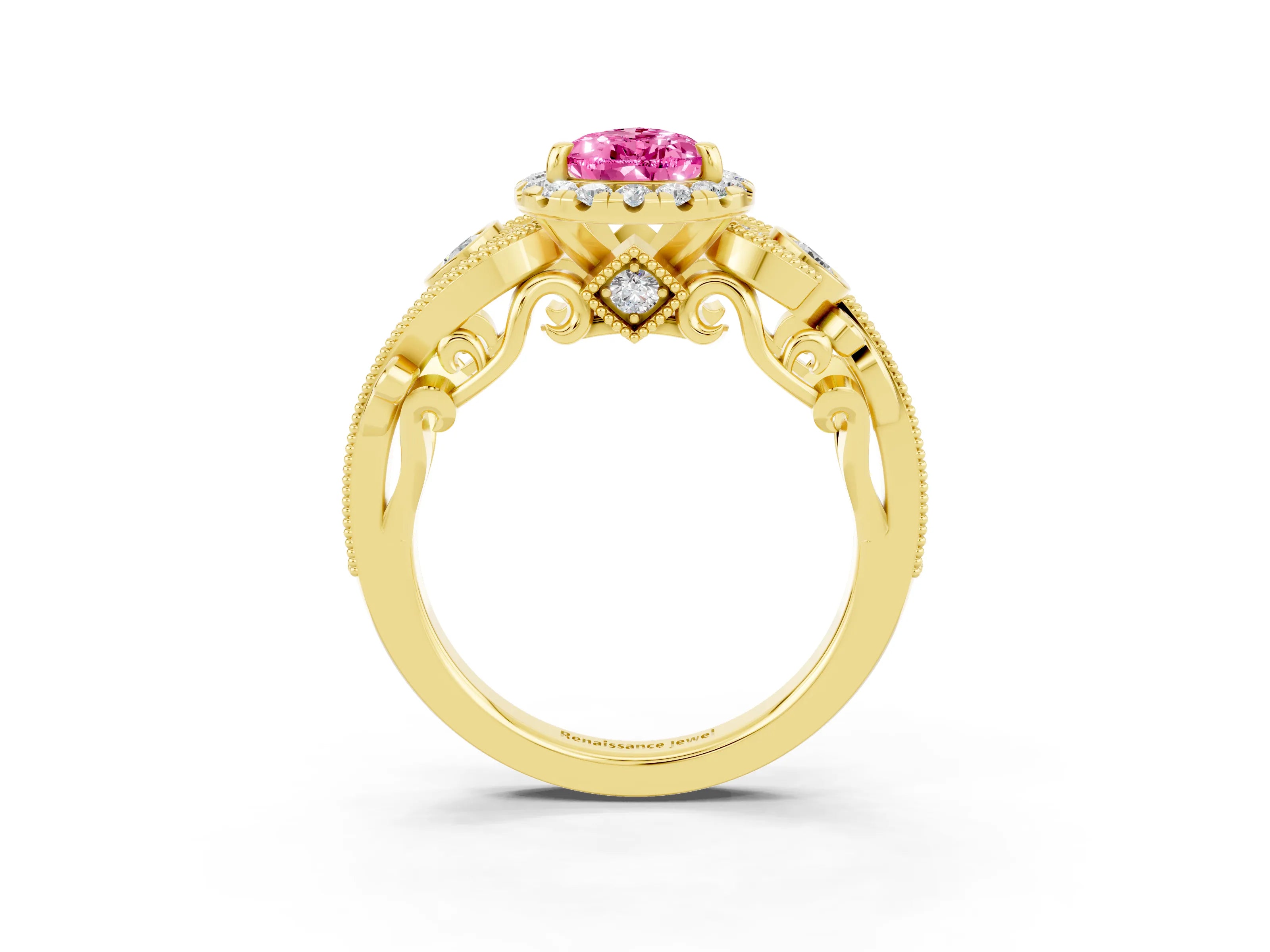 Yellow gold Pear Cut Pink Sapphire Halo Ring with Milgrain Pavé Band and Four-Prong Setting_15