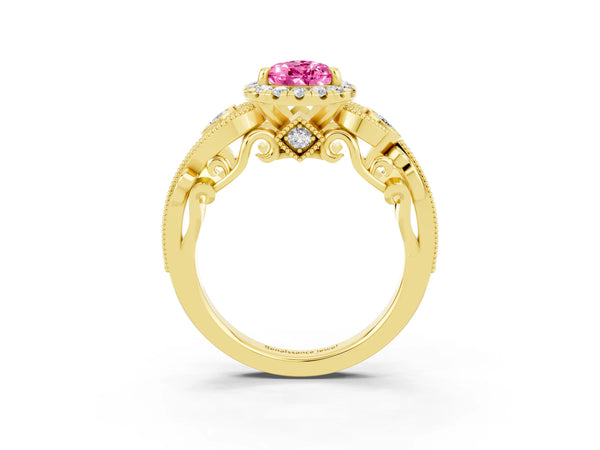 Yellow gold Pear Cut Pink Sapphire Halo Ring with Milgrain Pavé Band and Four-Prong Setting