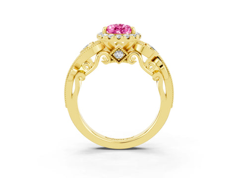 Yellow gold Pear Cut Pink Sapphire Halo Ring with Milgrain Pavé Band and Four-Prong Setting_15