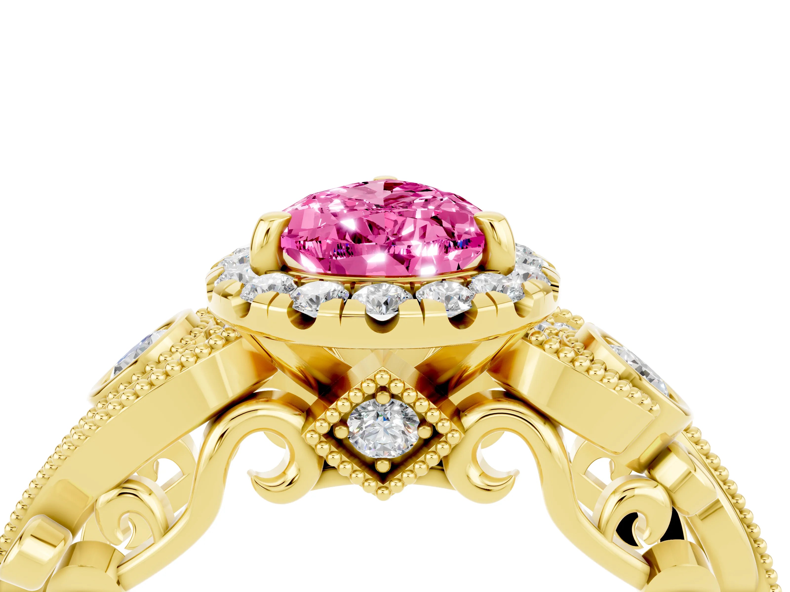 Yellow gold Pear Cut Pink Sapphire Halo Ring with Milgrain Pavé Band and Four-Prong Setting_16