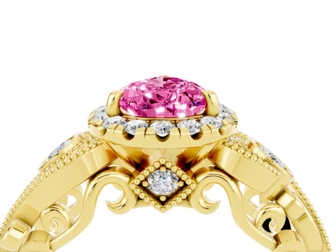Yellow gold Pear Cut Pink Sapphire Halo Ring with Milgrain Pavé Band and Four-Prong Setting_16