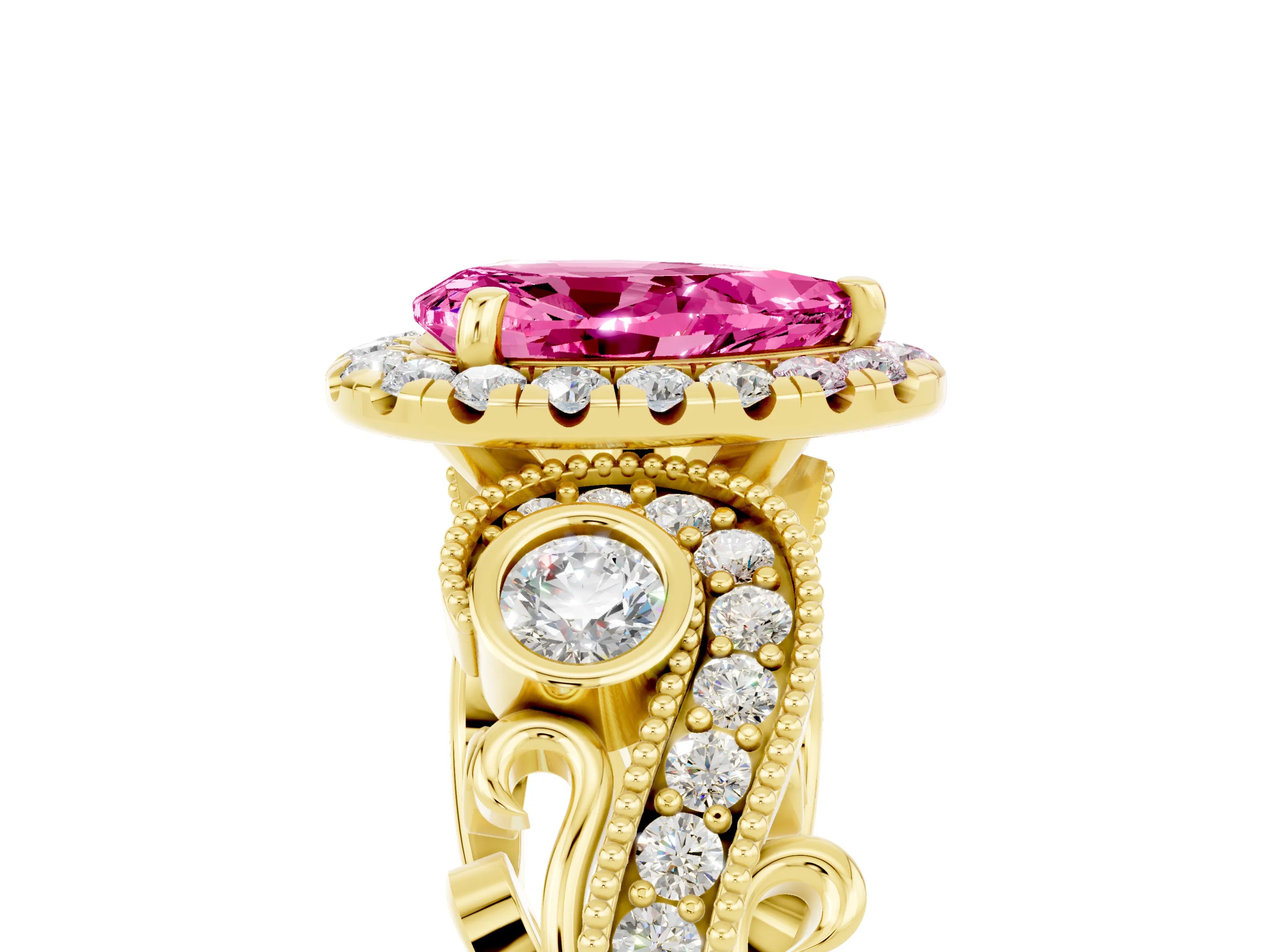 Yellow gold Pear Cut Pink Sapphire Halo Ring with Milgrain Pavé Band and Four-Prong Setting_17