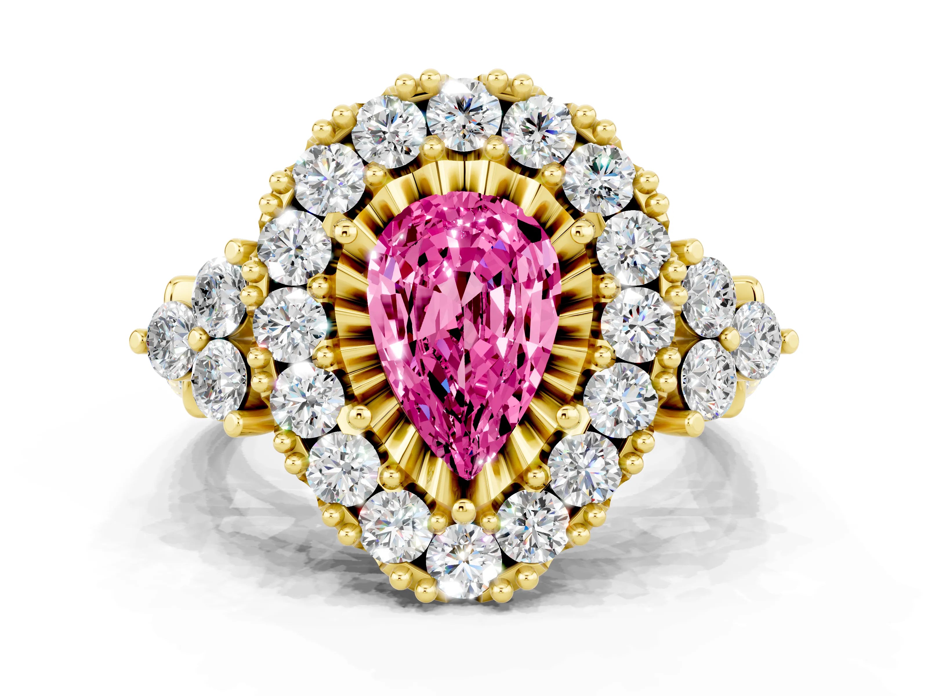 Yellow gold Pear Cut Pink Sapphire Halo Ring with Pavé Band and Four-Prong Setting_12