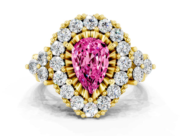 Yellow gold Pear Cut Pink Sapphire Halo Ring with Pavé Band and Four-Prong Setting