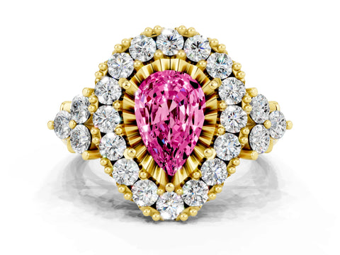 Yellow gold Pear Cut Pink Sapphire Halo Ring with Pavé Band and Four-Prong Setting_12