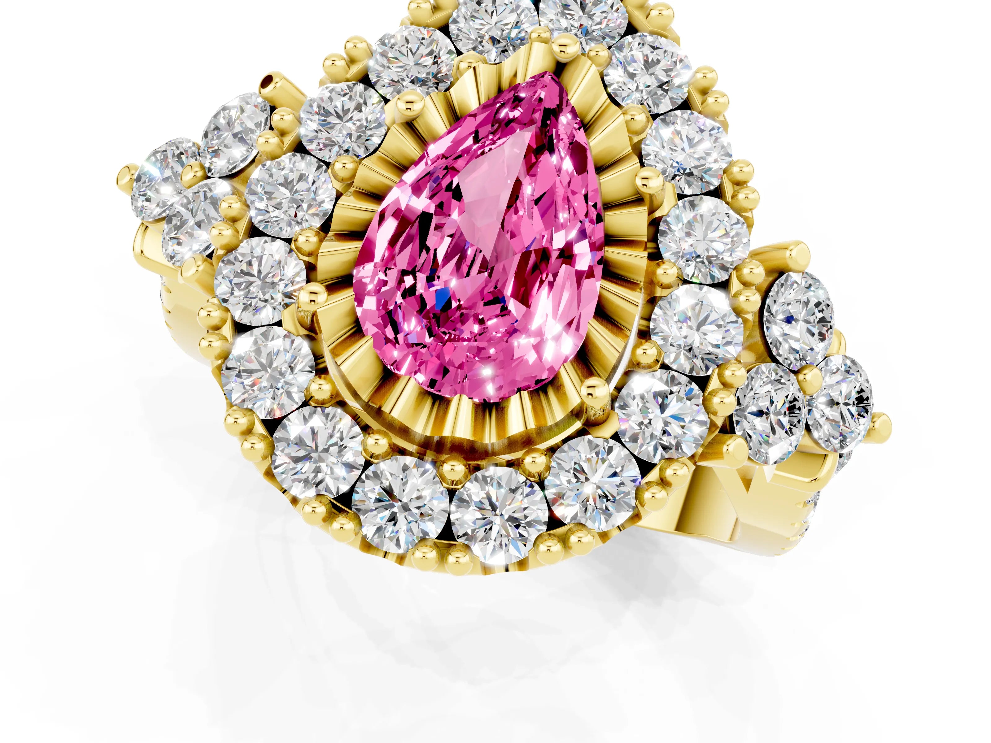 Yellow gold Pear Cut Pink Sapphire Halo Ring with Pavé Band and Four-Prong Setting_13