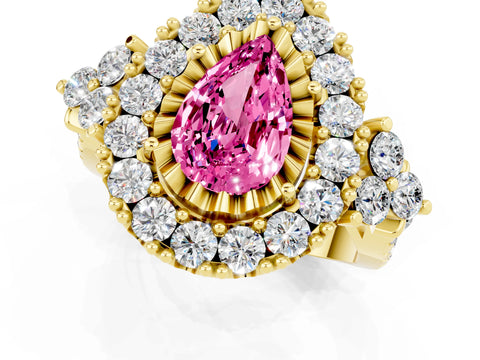 Yellow gold Pear Cut Pink Sapphire Halo Ring with Pavé Band and Four-Prong Setting_13
