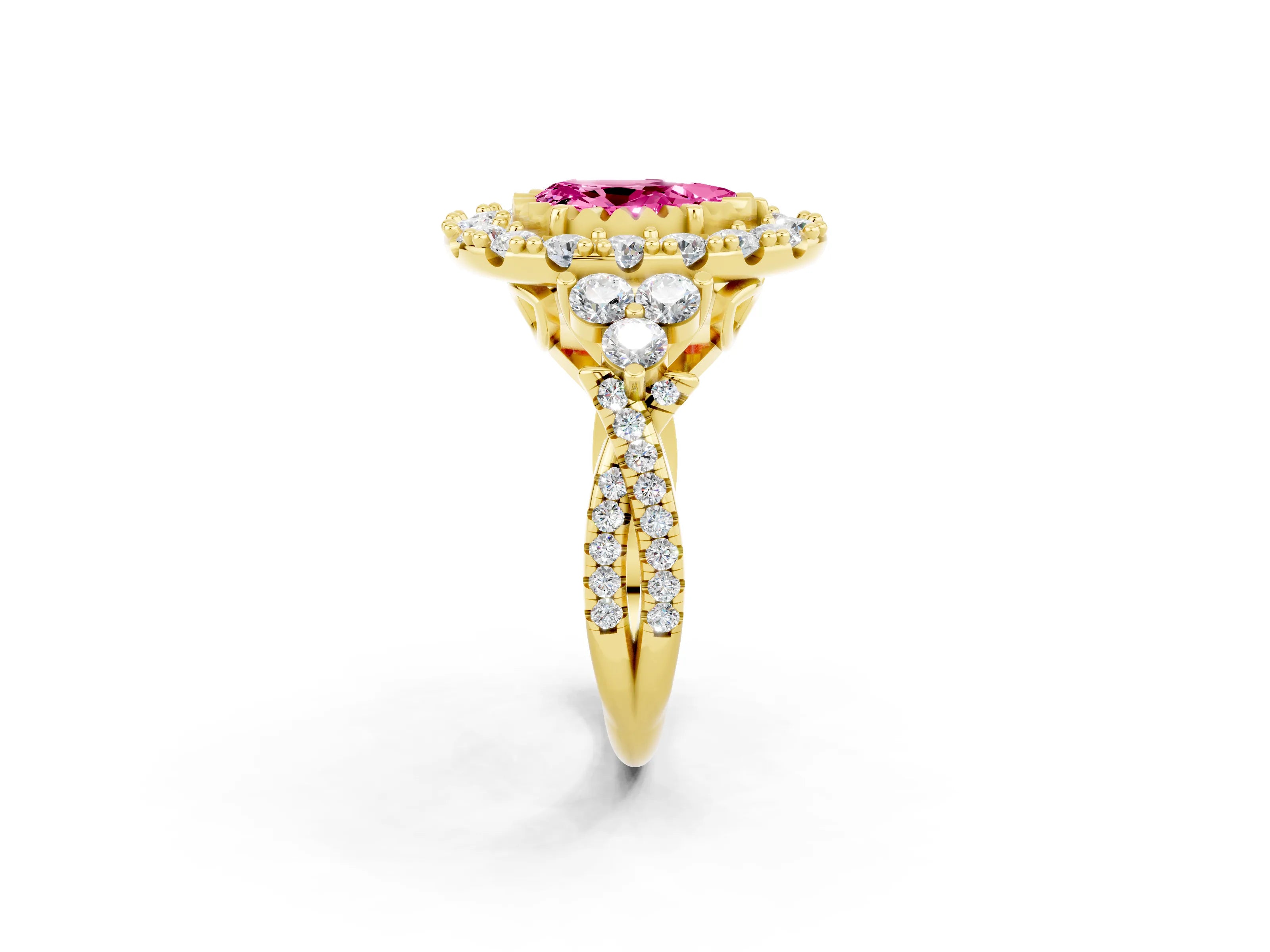 Yellow gold Pear Cut Pink Sapphire Halo Ring with Pavé Band and Four-Prong Setting_14