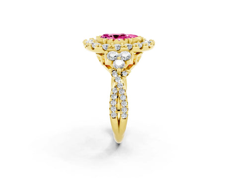 Yellow gold Pear Cut Pink Sapphire Halo Ring with Pavé Band and Four-Prong Setting_14
