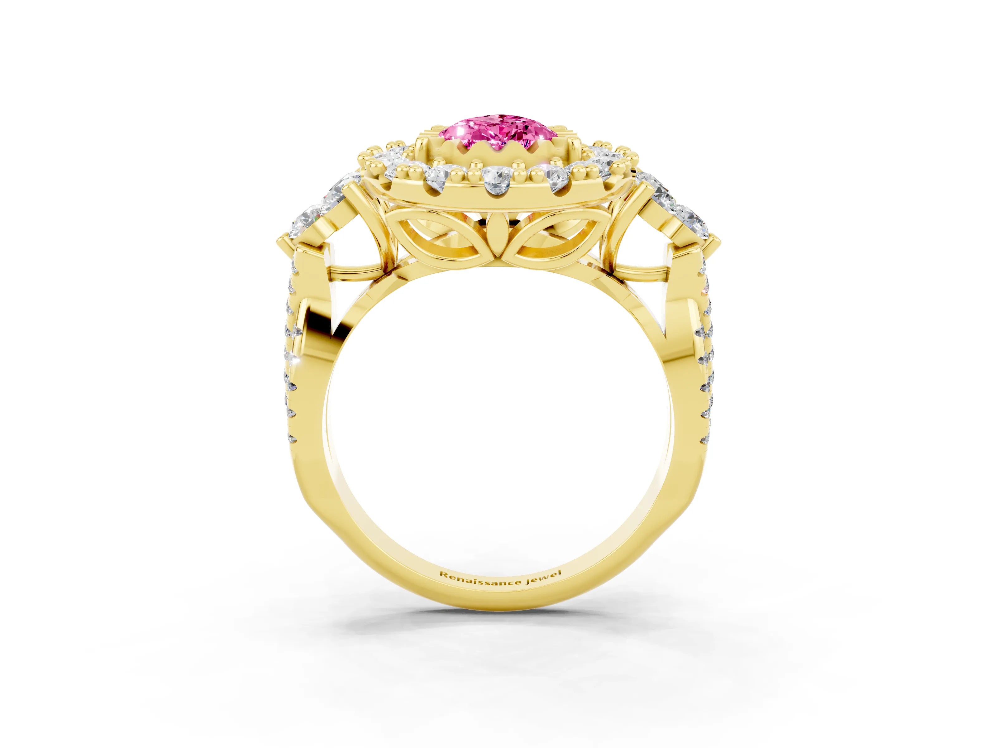 Yellow gold Pear Cut Pink Sapphire Halo Ring with Pavé Band and Four-Prong Setting_15