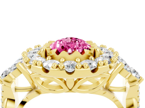 Yellow gold Pear Cut Pink Sapphire Halo Ring with Pavé Band and Four-Prong Setting_16