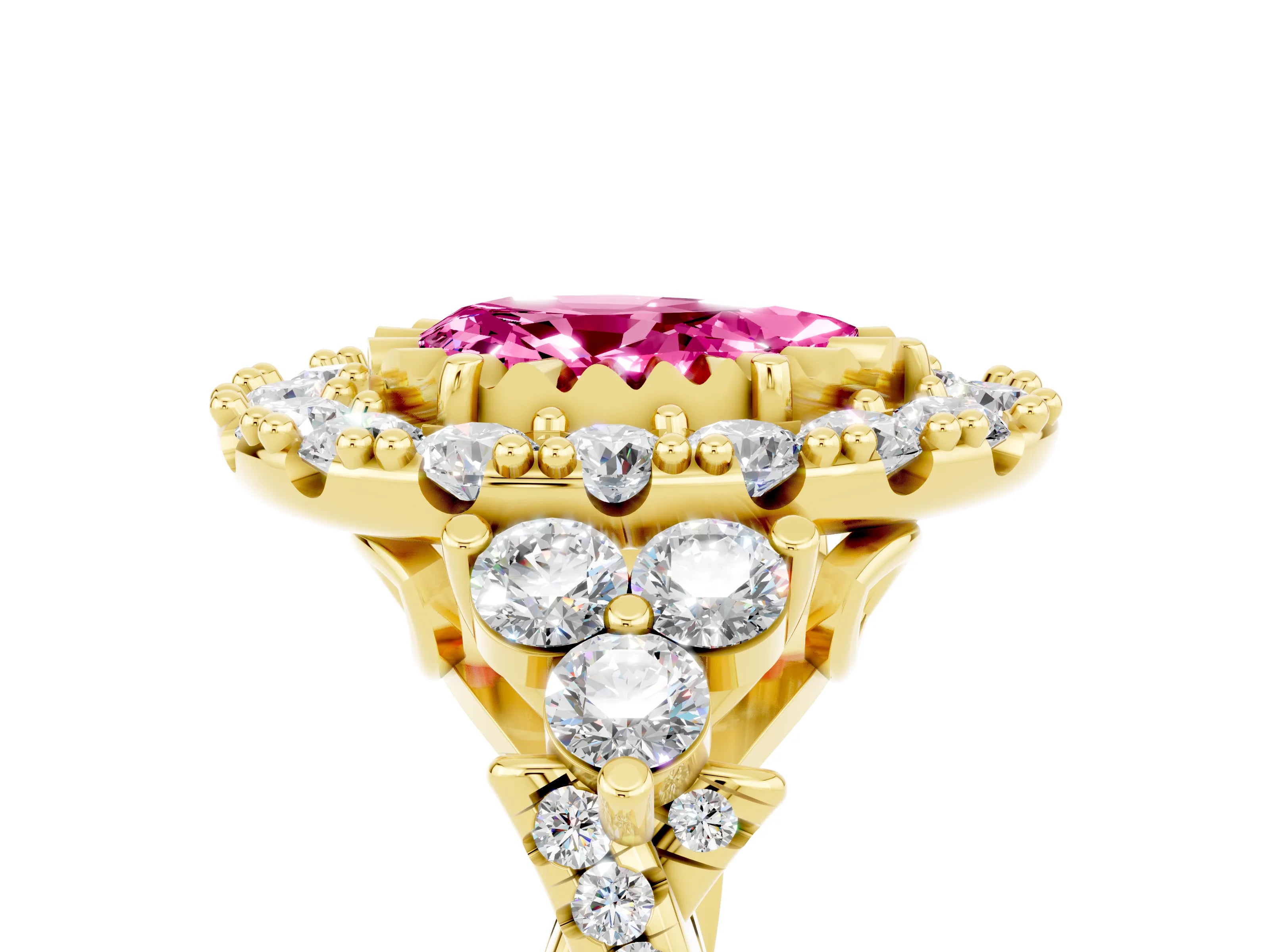 Yellow gold Pear Cut Pink Sapphire Halo Ring with Pavé Band and Four-Prong Setting_17