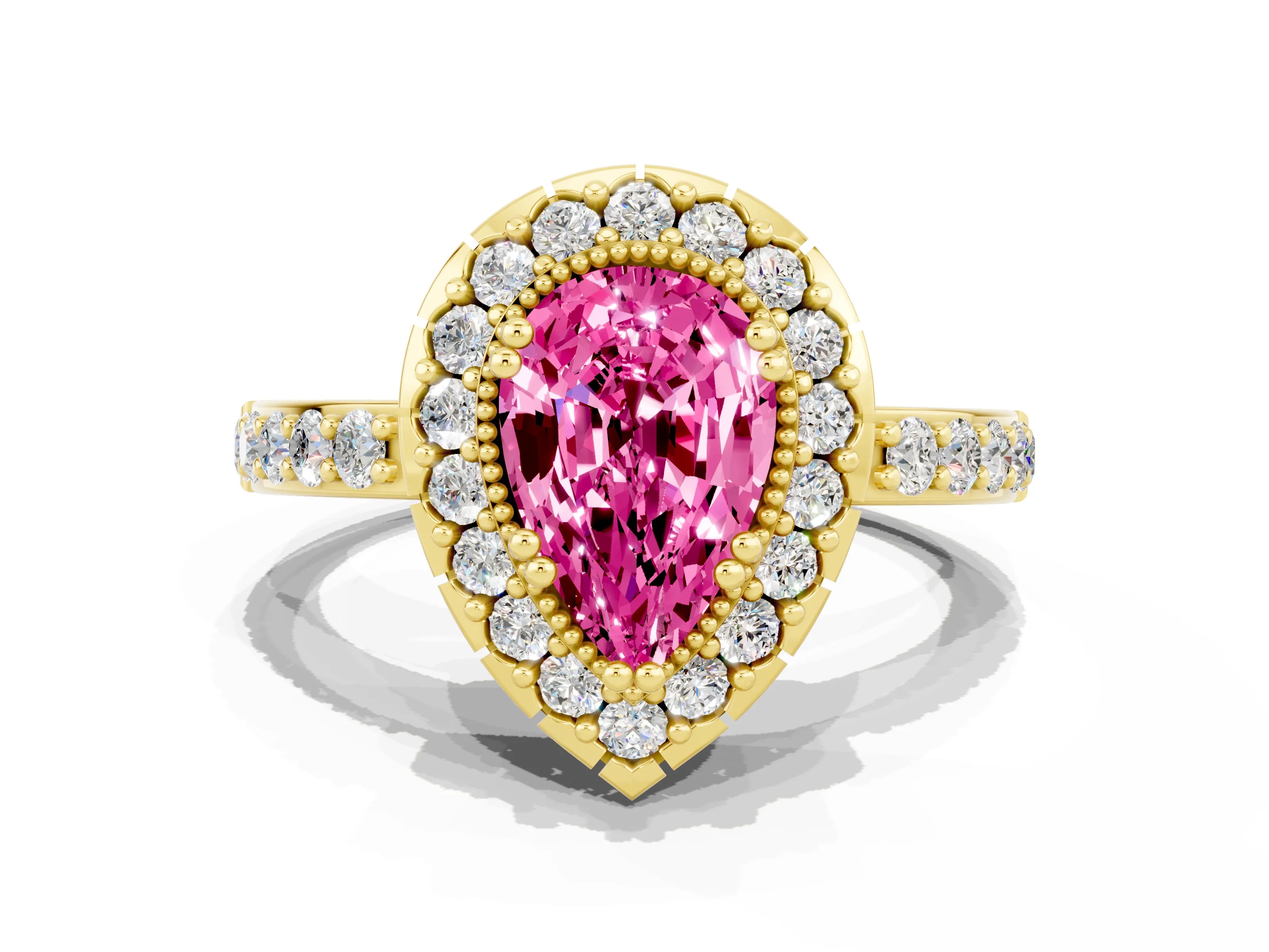 Yellow gold Pear Cut Pink Sapphire Halo Ring with Pavé Band and Prong Setting