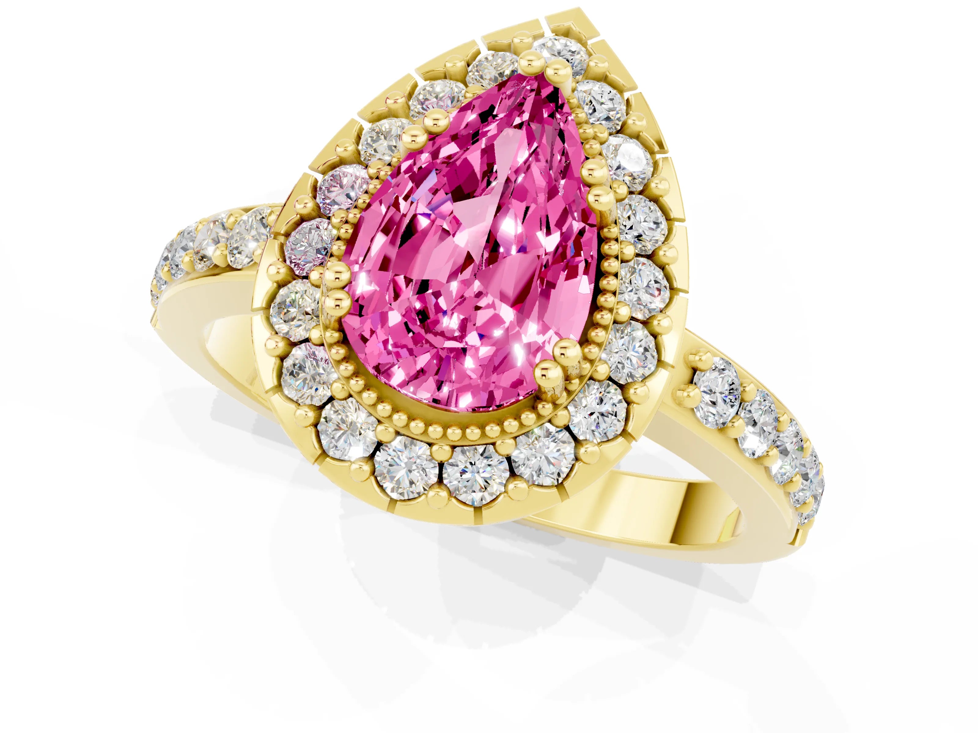 Yellow gold Pear Cut Pink Sapphire Halo Ring with Pavé Band and Prong Setting_1