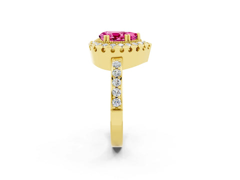 Yellow gold Pear Cut Pink Sapphire Halo Ring with Pavé Band and Prong Setting_2