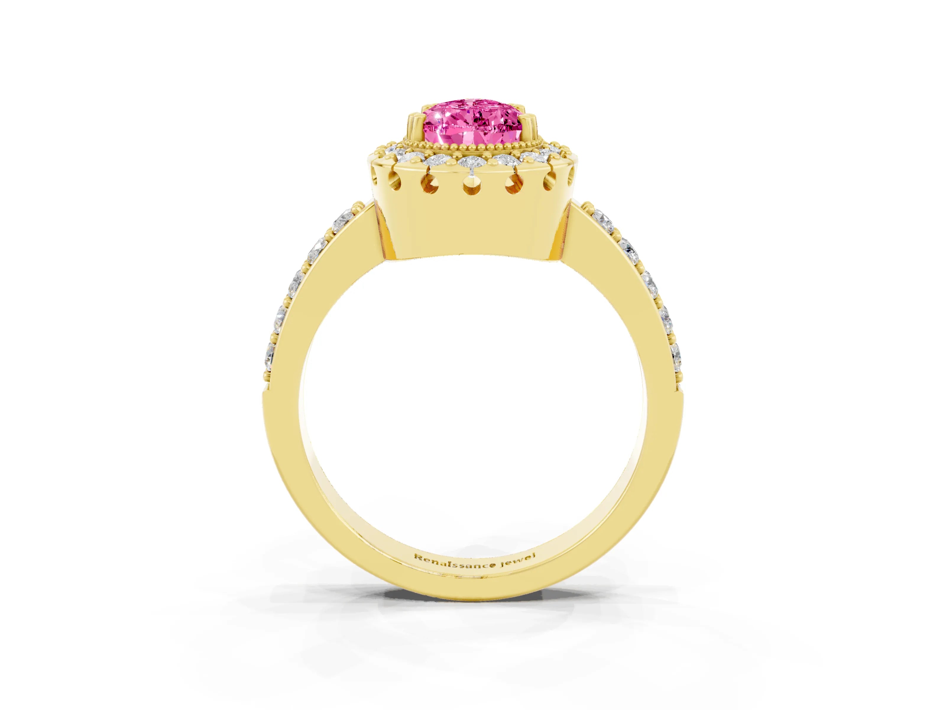 Yellow gold Pear Cut Pink Sapphire Halo Ring with Pavé Band and Prong Setting_3