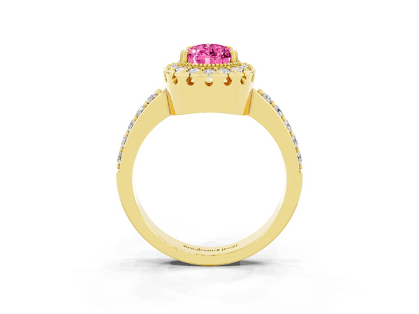 Yellow gold Pear Cut Pink Sapphire Halo Ring with Pavé Band and Prong Setting