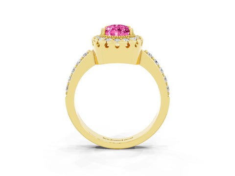Yellow gold Pear Cut Pink Sapphire Halo Ring with Pavé Band and Prong Setting_3