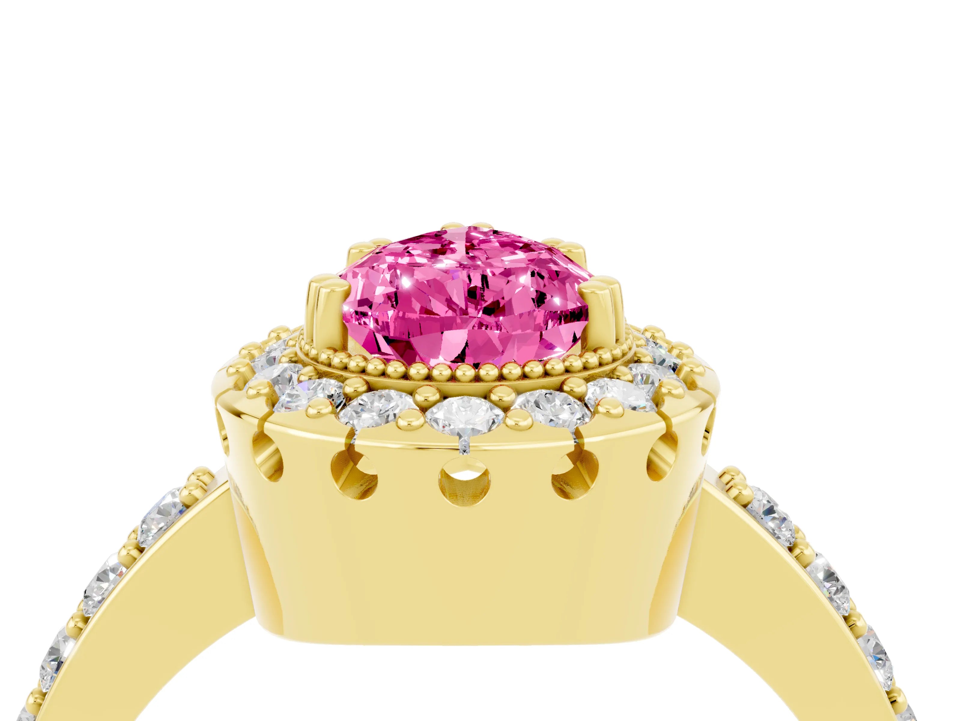 Yellow gold Pear Cut Pink Sapphire Halo Ring with Pavé Band and Prong Setting_4