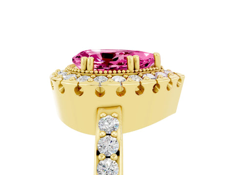 Yellow gold Pear Cut Pink Sapphire Halo Ring with Pavé Band and Prong Setting_5