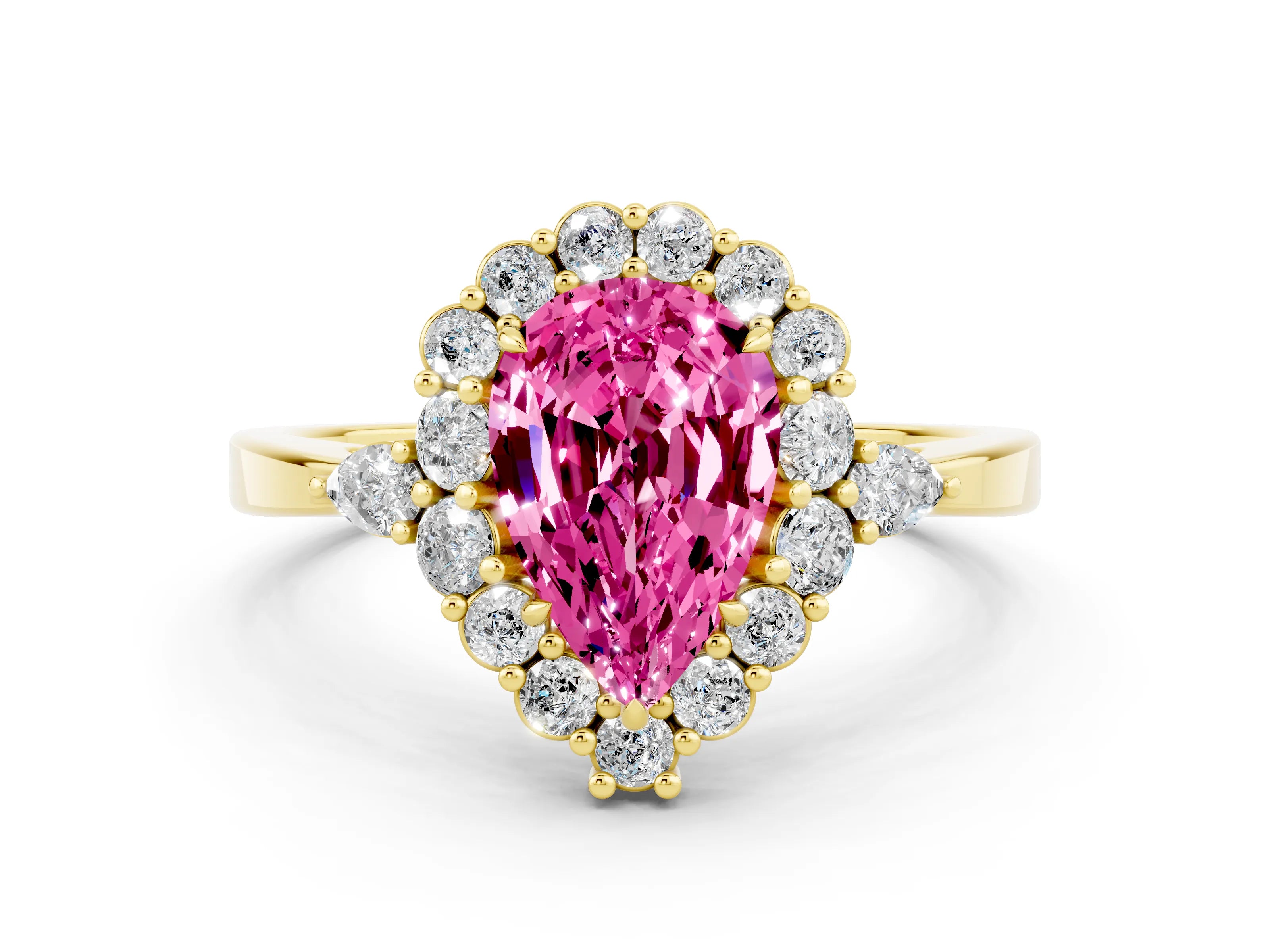 Yellow gold Pear Cut Pink Sapphire Halo Ring with Pear Side Stones and Prong Setting_12