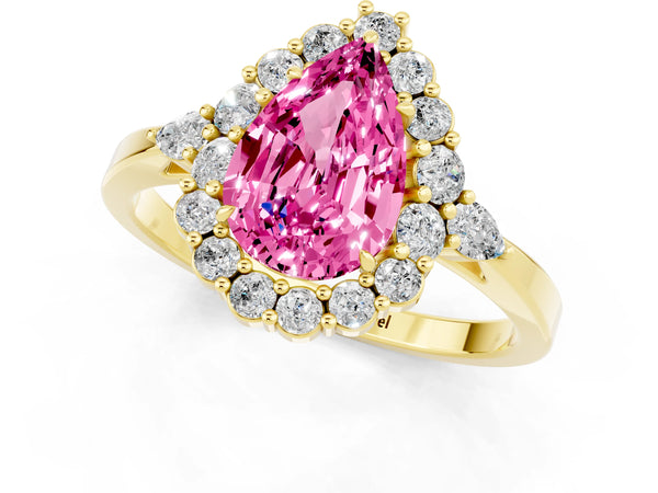 Yellow gold Pear Cut Pink Sapphire Halo Ring with Pear Side Stones and Prong Setting