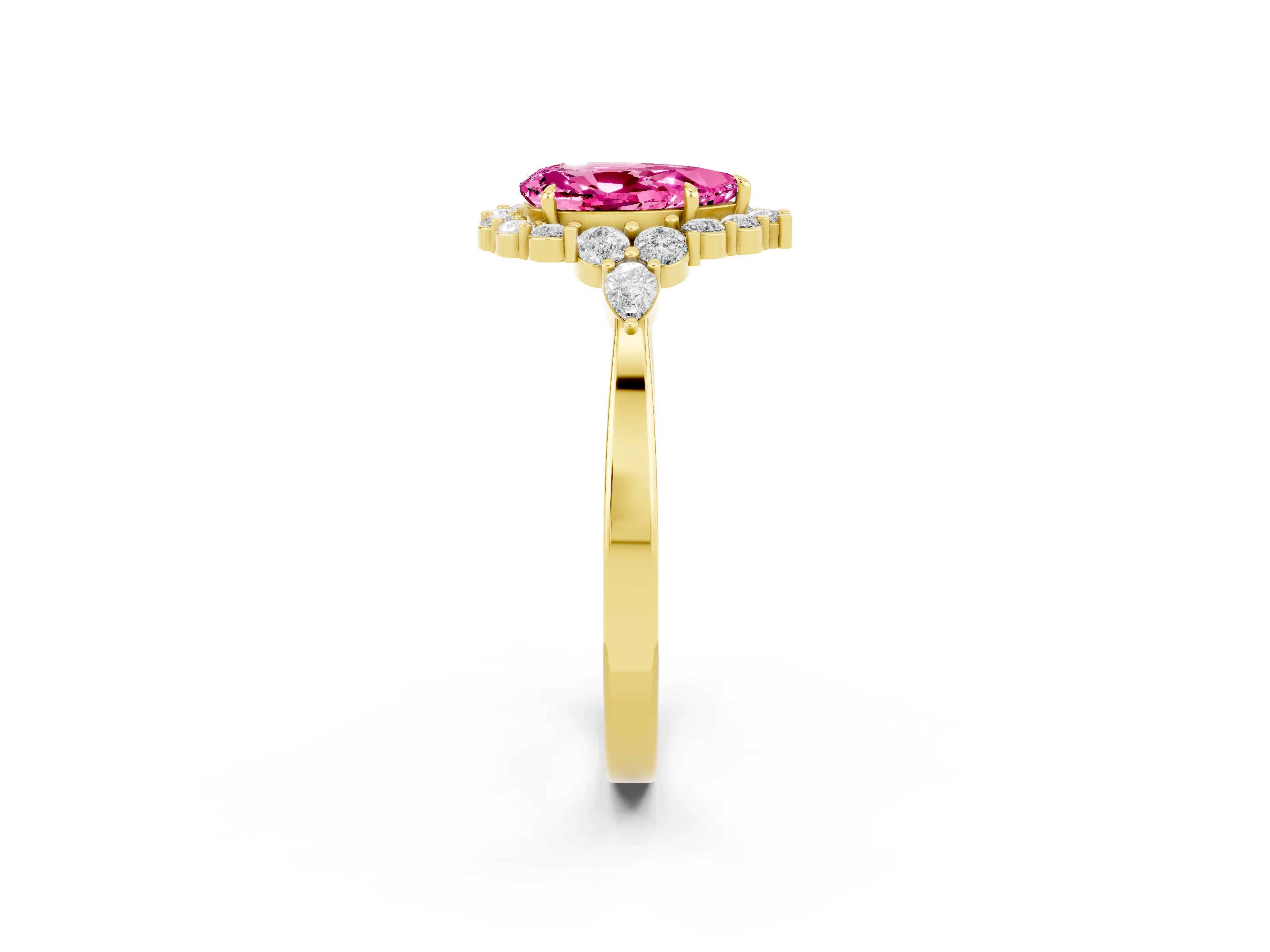 Yellow gold Pear Cut Pink Sapphire Halo Ring with Pear Side Stones and Prong Setting_14