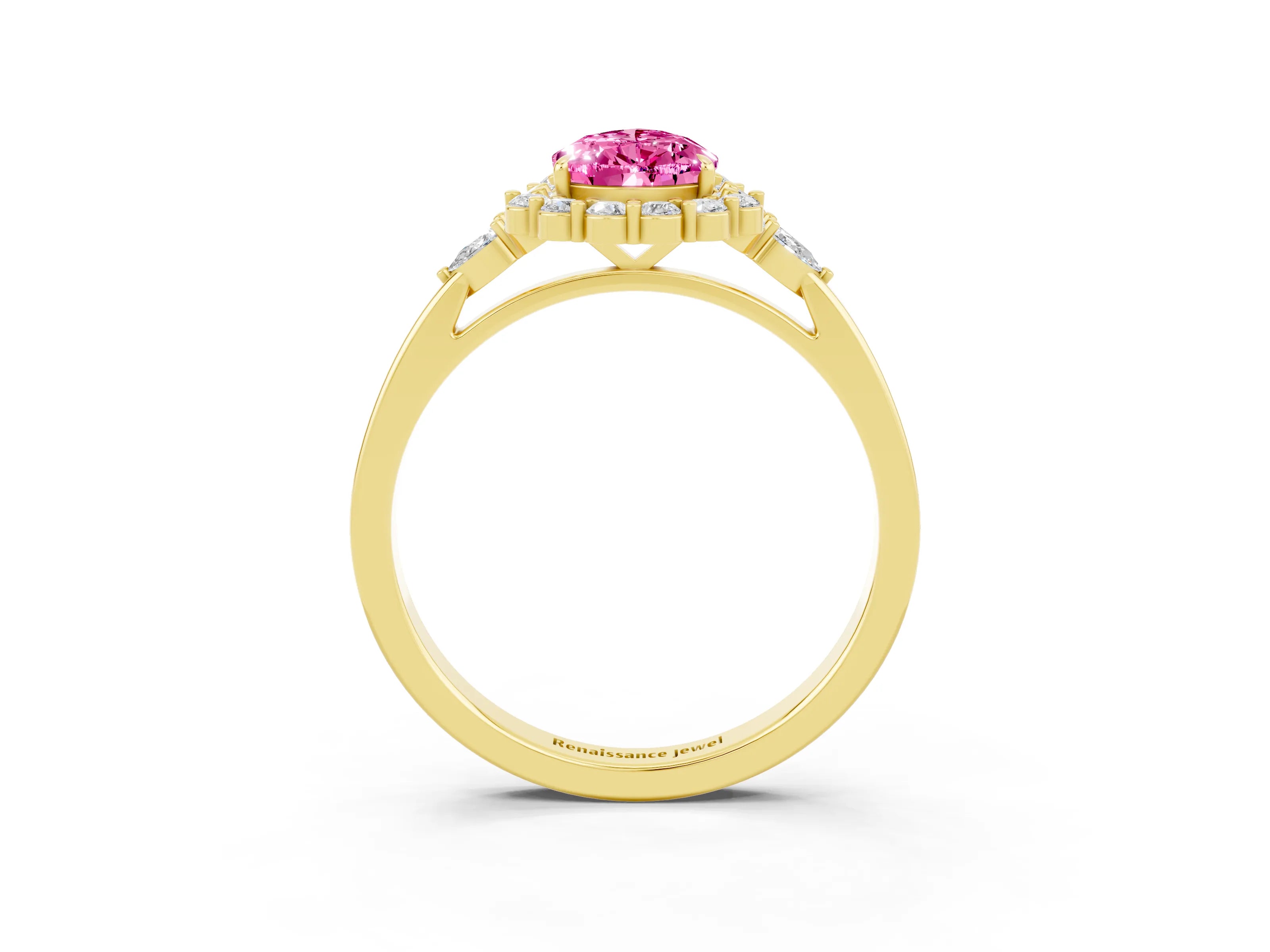Yellow gold Pear Cut Pink Sapphire Halo Ring with Pear Side Stones and Prong Setting_15