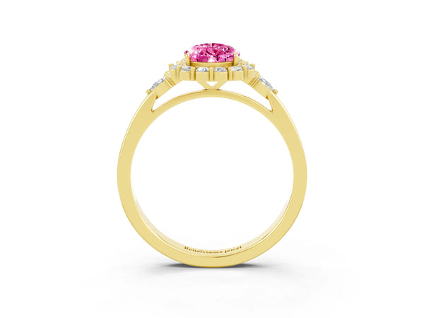 Yellow gold Pear Cut Pink Sapphire Halo Ring with Pear Side Stones and Prong Setting