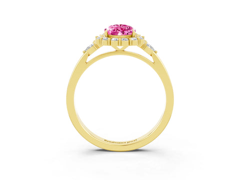 Yellow gold Pear Cut Pink Sapphire Halo Ring with Pear Side Stones and Prong Setting_15