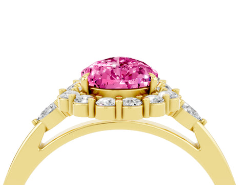 Yellow gold Pear Cut Pink Sapphire Halo Ring with Pear Side Stones and Prong Setting_16