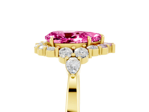 Yellow gold Pear Cut Pink Sapphire Halo Ring with Pear Side Stones and Prong Setting_17
