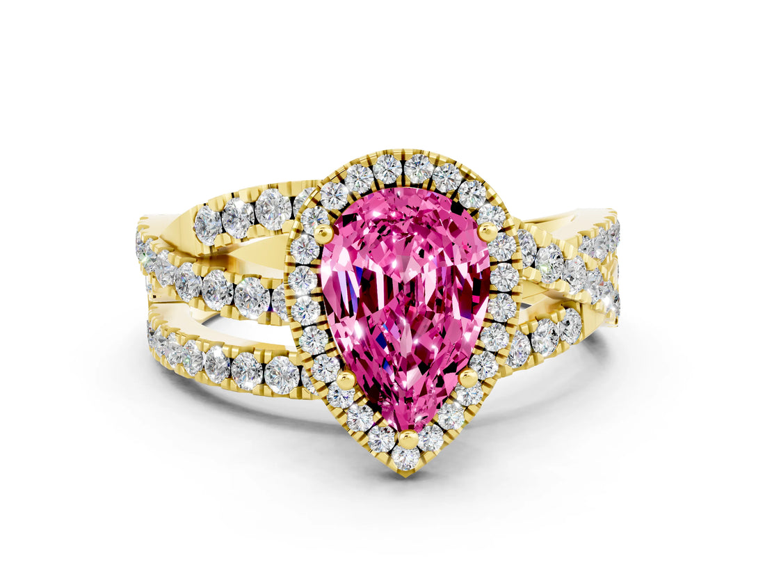 Yellow gold Pear Cut Pink Sapphire Halo Ring with Round Split Shank and Prong Setting_48
