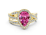 Yellow gold Pear Cut Pink Sapphire Halo Ring with Round Split Shank and Prong Setting_48