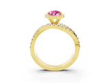 Yellow gold Pear Cut Pink Sapphire Halo Ring with Round Split Shank and Prong Setting_51