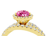 Yellow gold Pear Cut Pink Sapphire Halo Ring with Round Split Shank and Prong Setting_52
