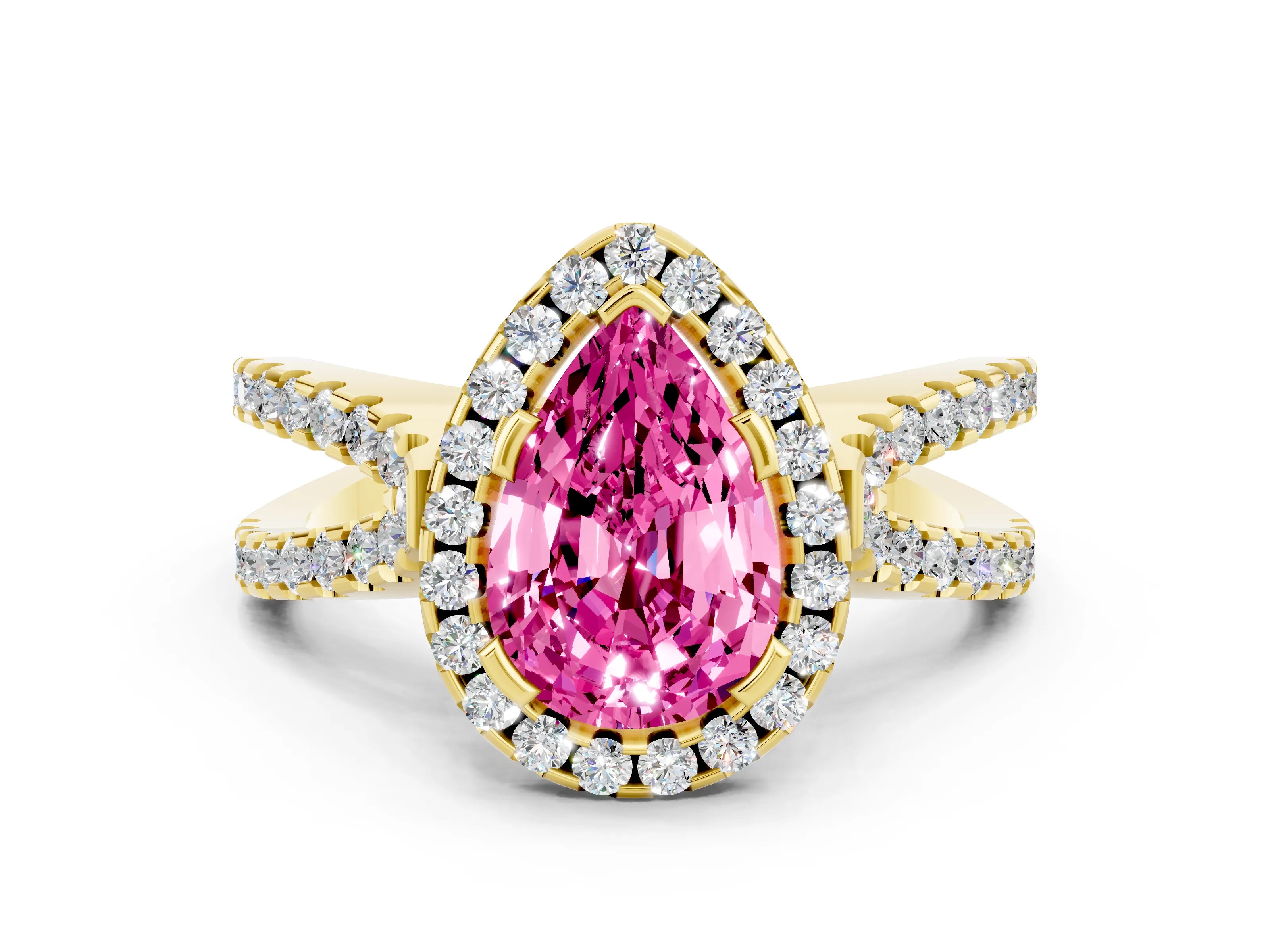 Yellow gold Pear Cut Pink Sapphire Halo Ring with Split Shank Pavé Band and Prong Setting_12